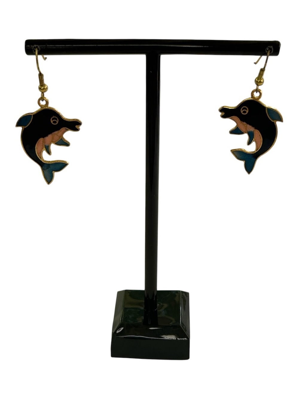 Vintage Cloisonné Dolphin Dangle Earrings Black Pink Blue Enamel Gold Tone